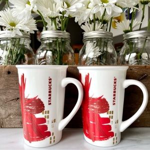 Starbucks•2014 Set of (2) Mugs•Abstract Red Fireworks on White•LIKE NEW•12 fl oz